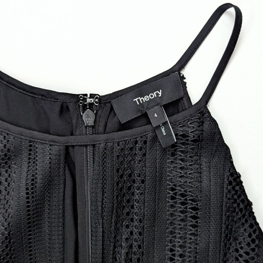 Theory Pleated Lace Midi Dress Size 4 Mod Black High Neck Halter Keyhole - Picture 8 of 14